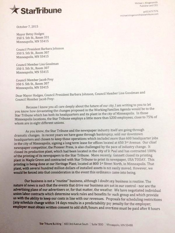 Michael Klingensmith's letter to Mayor Betsy Hodges and three City Council members.