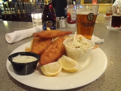 Fish and chips and House Ale at Great Waters
